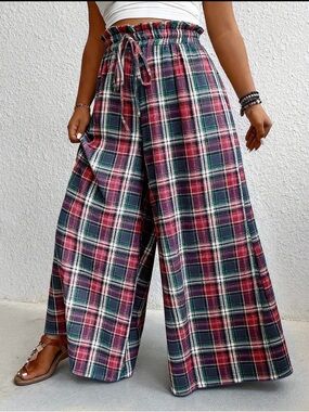 High-Waist Wide-Leg Plaid Pants - Red & Green